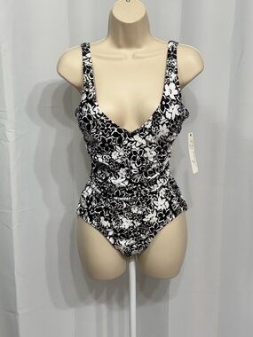 Anne Cole Women’s Black & White Floral V-Neck Ruched Waist One Piece Swimsuit 10